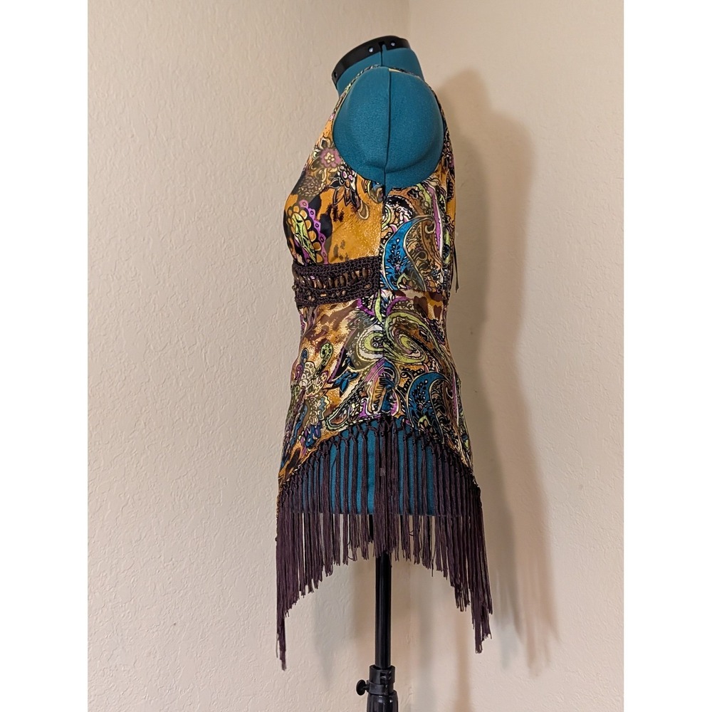 Cache Brown Paisley Leopard Silk Blend Fringe V-Neck Top Size 10 NWT - Picture 4 of 8